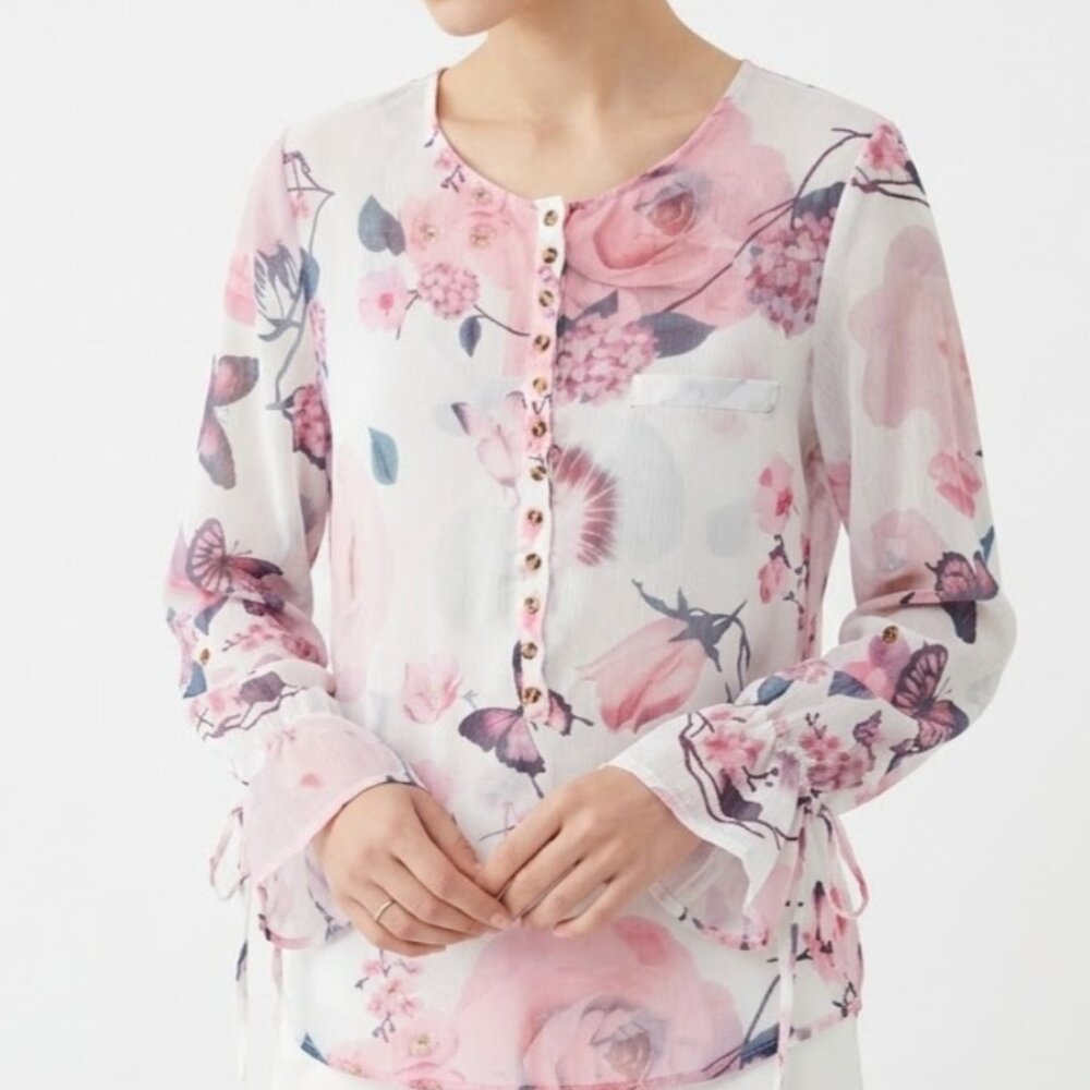 Unbranded Blouse Pink White Floral Butterfly Fairy Sheer Whimsical XL